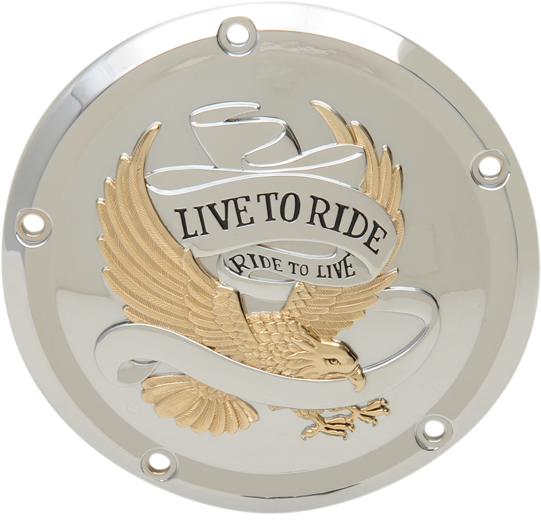 Derby Cover - Live to Ride - 5-Hole - Chrome w/Gold Eagle - '15-'26 Harley-Davidson