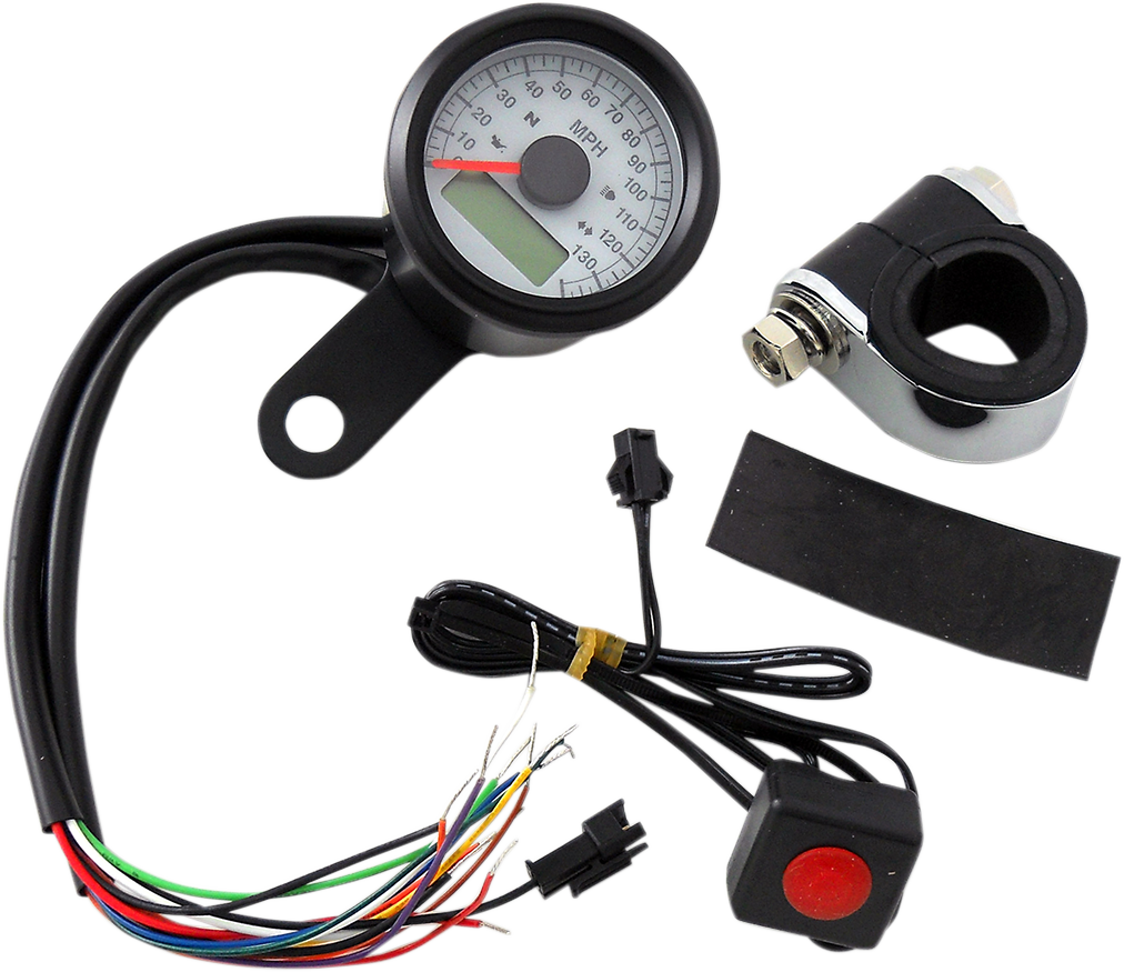 Programmable Speedometer with Indicator Lights - Gloss Black - 140 MPH LED White Face - 1-7/8"