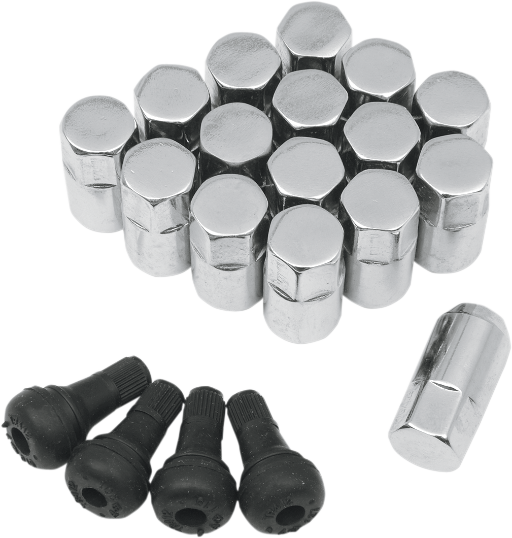 Lug Nuts with Valve Stems - 10 mm x 1.25 - Chrome - Tapered - 16 Pack