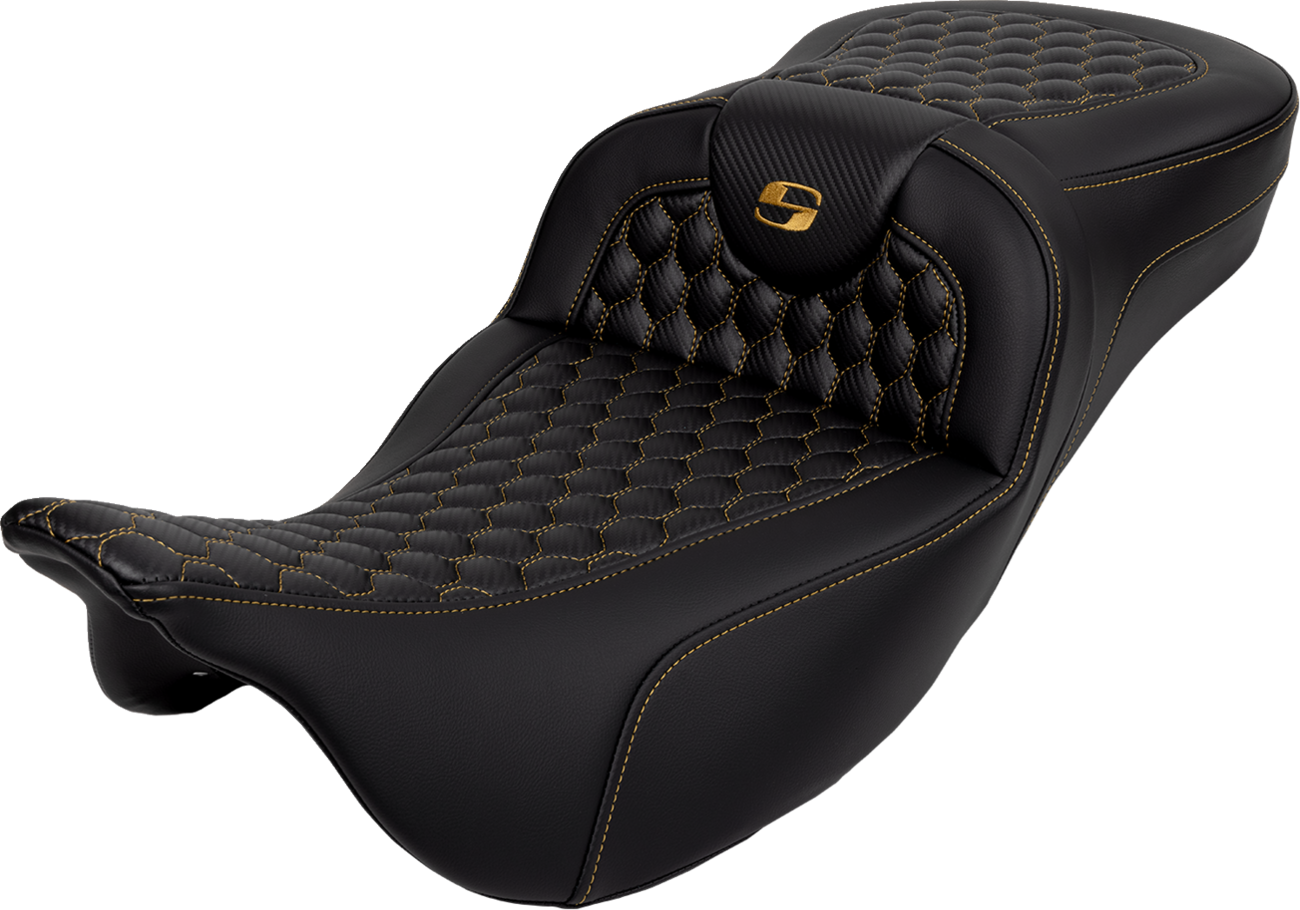 RoadSofa™ Seat - Honeycomb - Gold Stitch - Extended Reach - without Backrest - FLH/FLT '08-'24