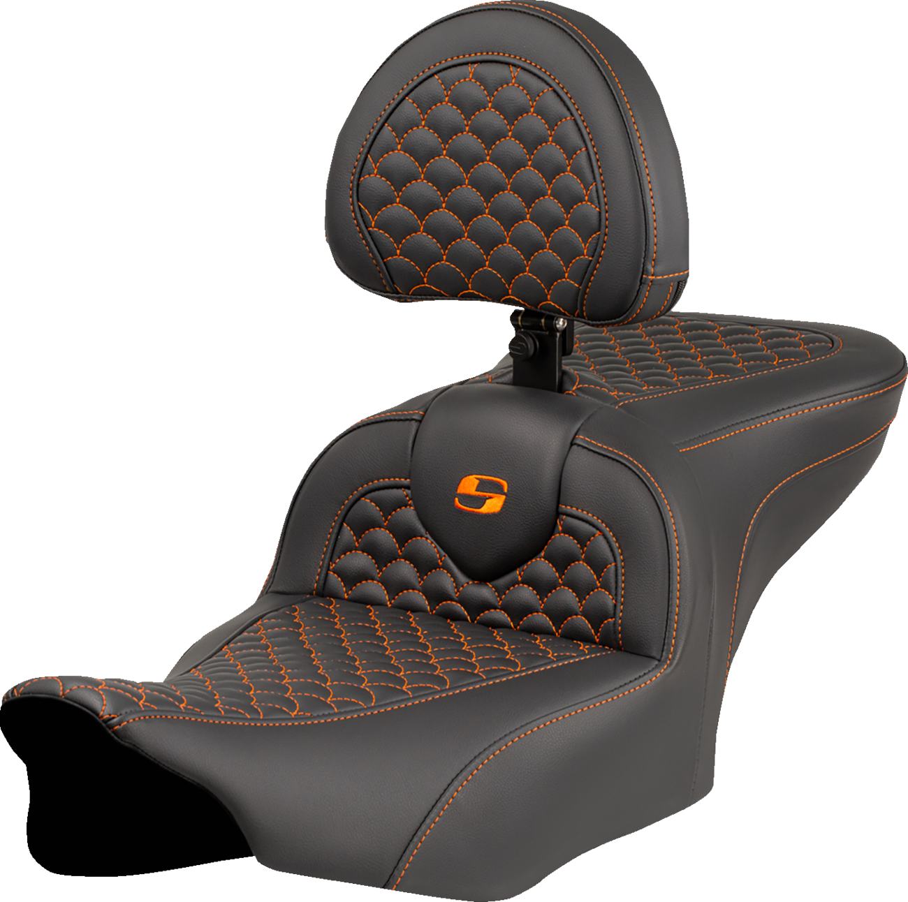 Roadsofa™ Seat - Dragon Scale Stitch - Orange Stitch - w/ Backrest - FLTR/FLHX '23-'24
