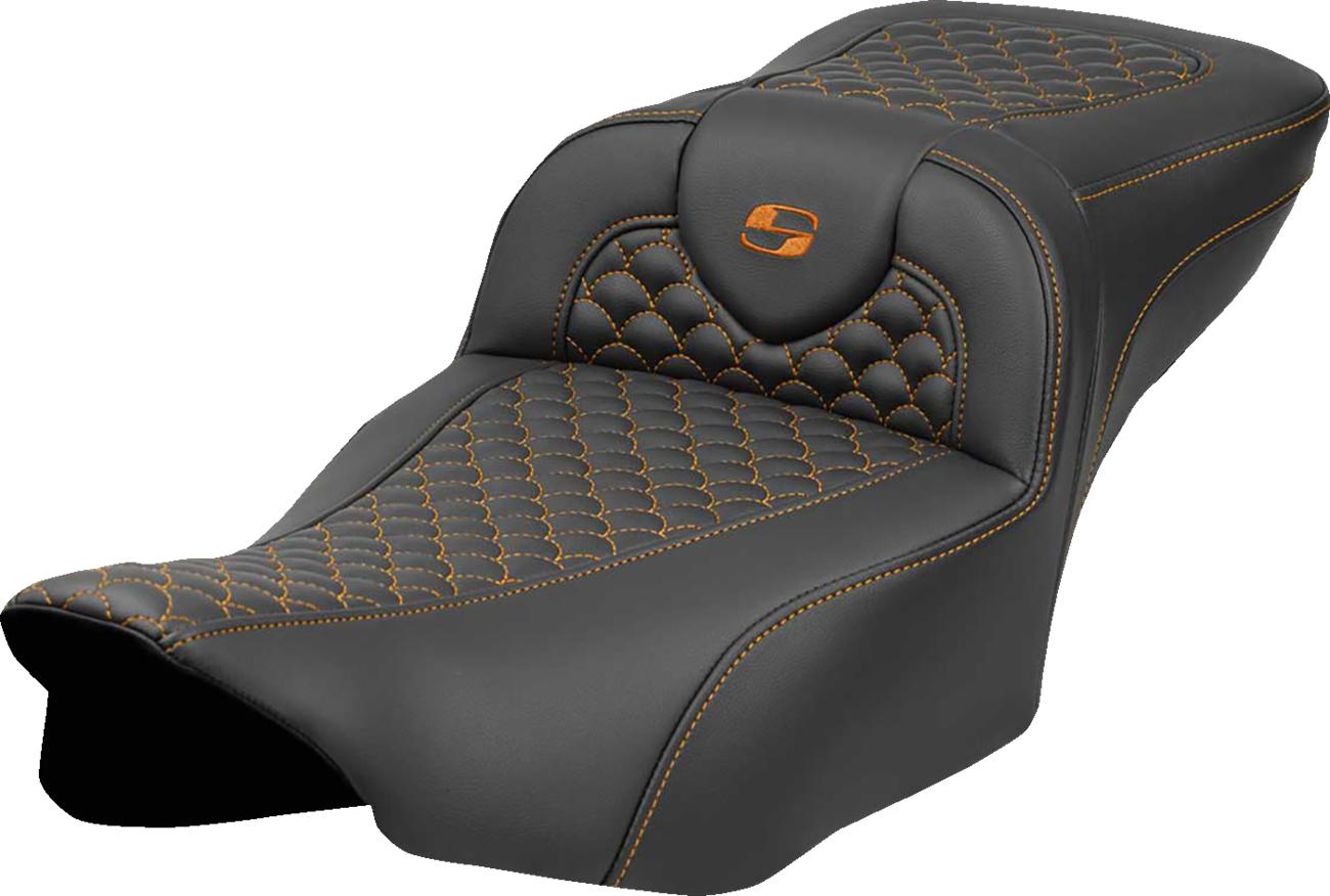 Roadsofa™ Extended Reach Seat - Dragon Scale Stitch - Orange Stitch - w/o Backrest - FLT/FLH '23-'24