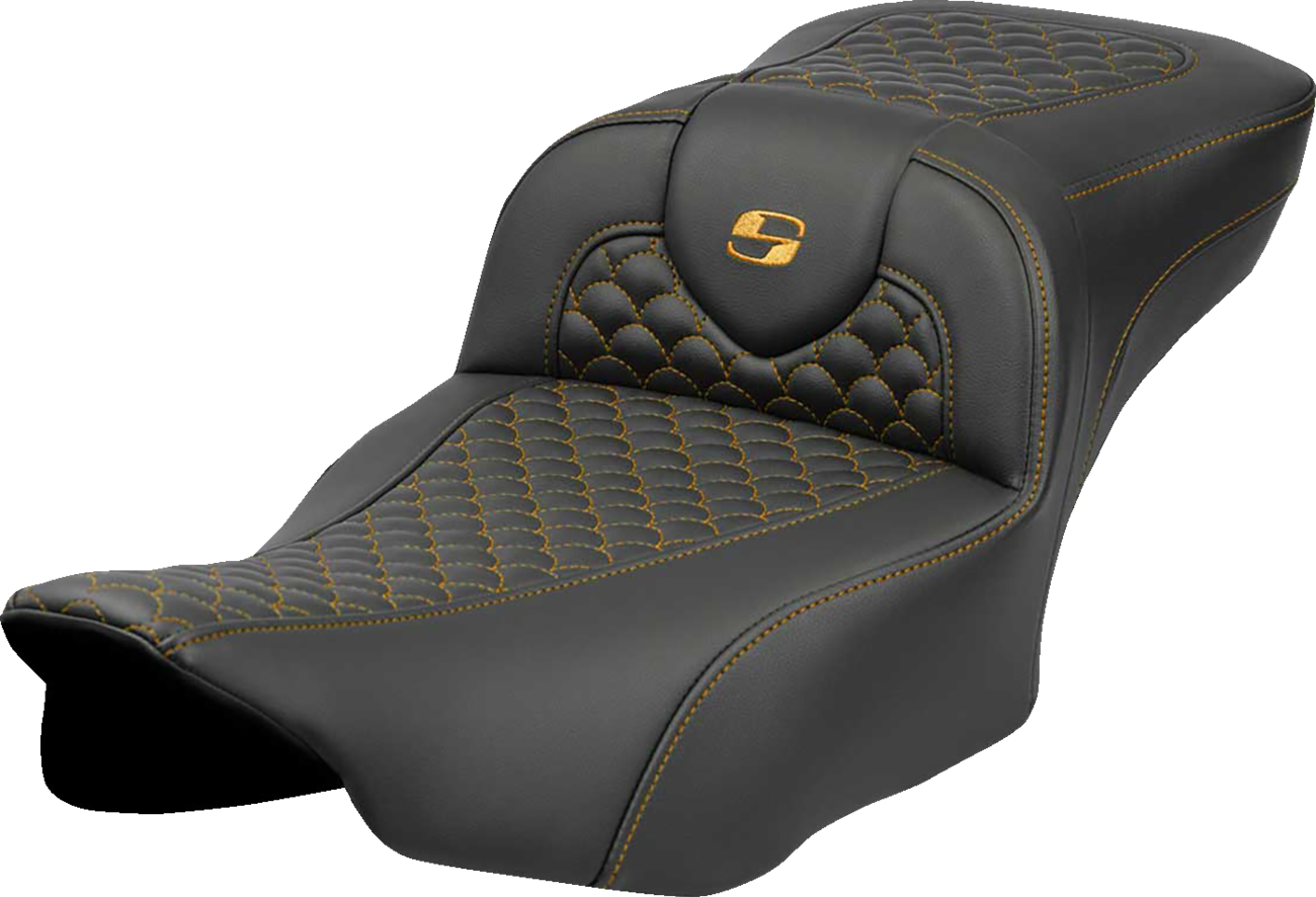 Roadsofa™ Extended Reach Seat - Dragon Scale Stitch - Gold Stitch - w/o Backrest - FLTR/FLHX '23-'24