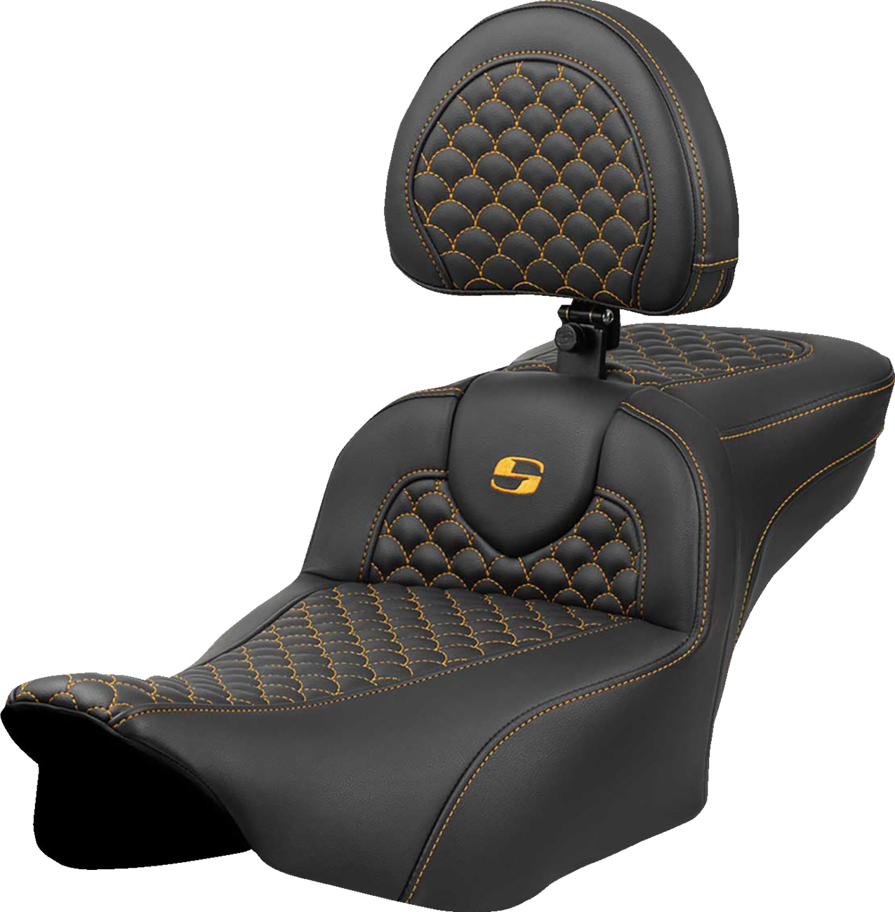 Roadsofa™ Extended Reach Seat - Dragon Scale Stitch - Gold Stitch - w/ Backrest - FLTR/FLHX '23-'24
