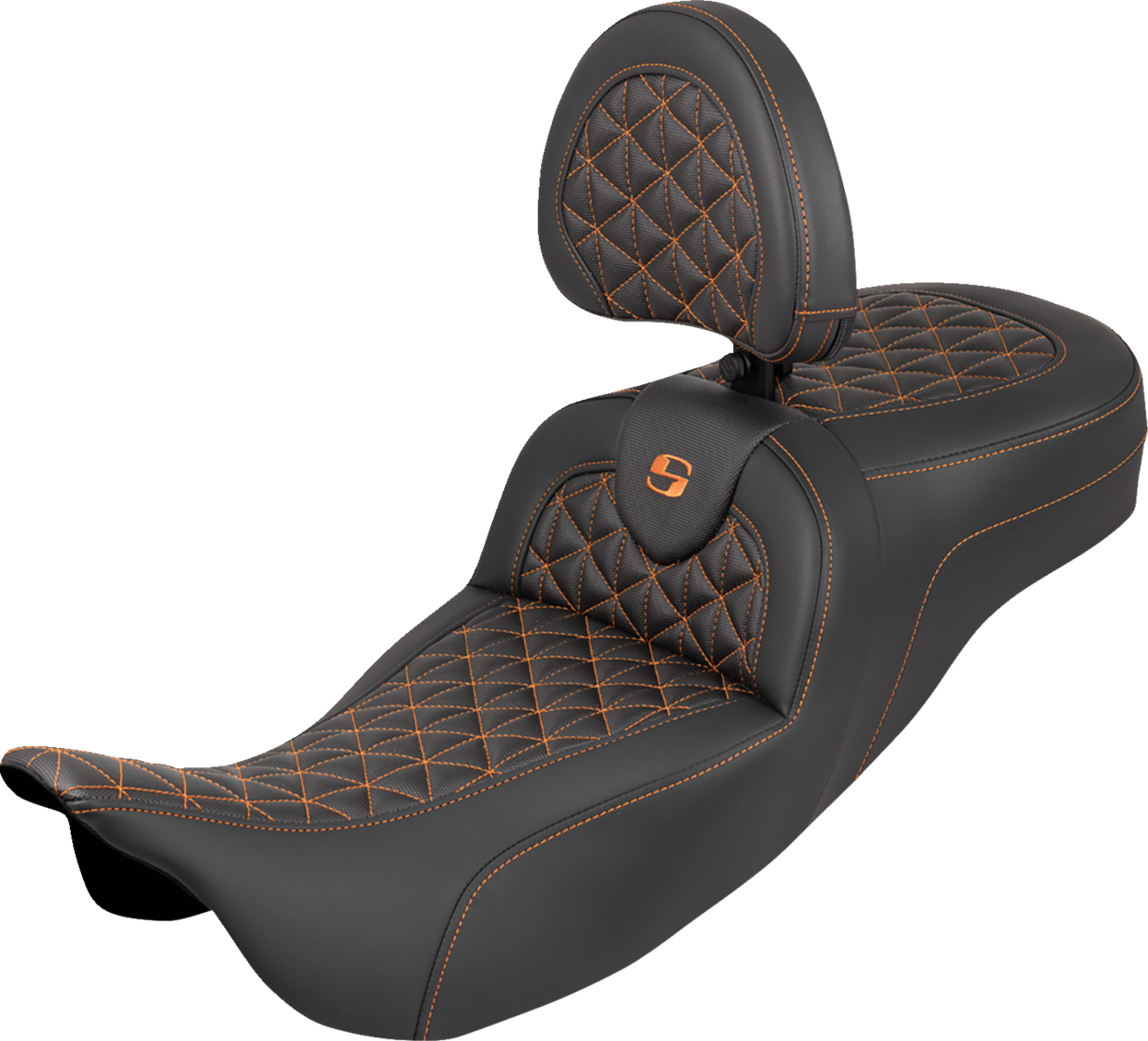 RoadSofa™ Tri Gripper Seat - Extended Reach - Orange Stitch - w/ Backrest - FLH/FLT '08-'25