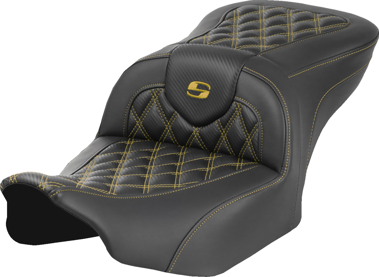 Roadsofa™ Seat - Carbon Fiber - without Backrest - Gold Lattice Stitch - FLH/FLT '23-'25