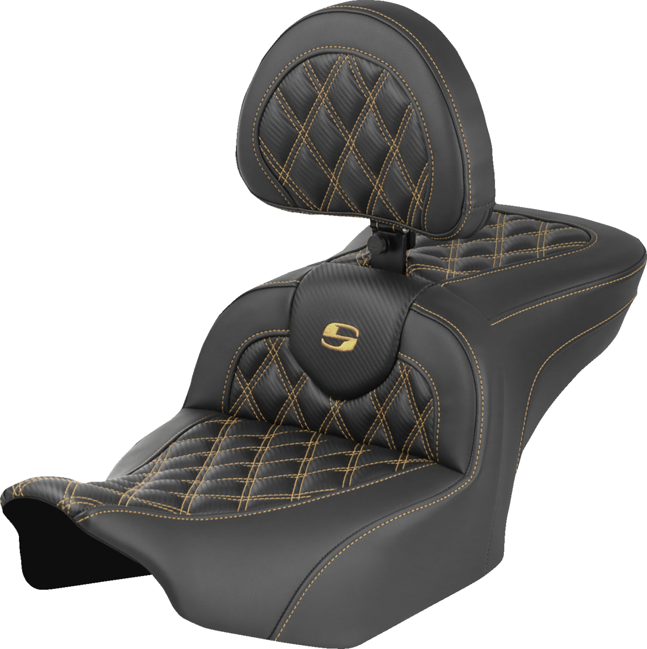 Roadsofa™ Seat - Carbon Fiber - with Backrest - Gold Lattice Stitch - FLH/FLT '23-'25