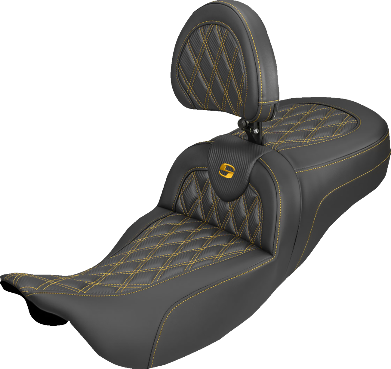 Extended Reach Roadsofa™ Carbon Fiber Seat - Lattice - Gold Stitch - With Backrest - FL '08-'25