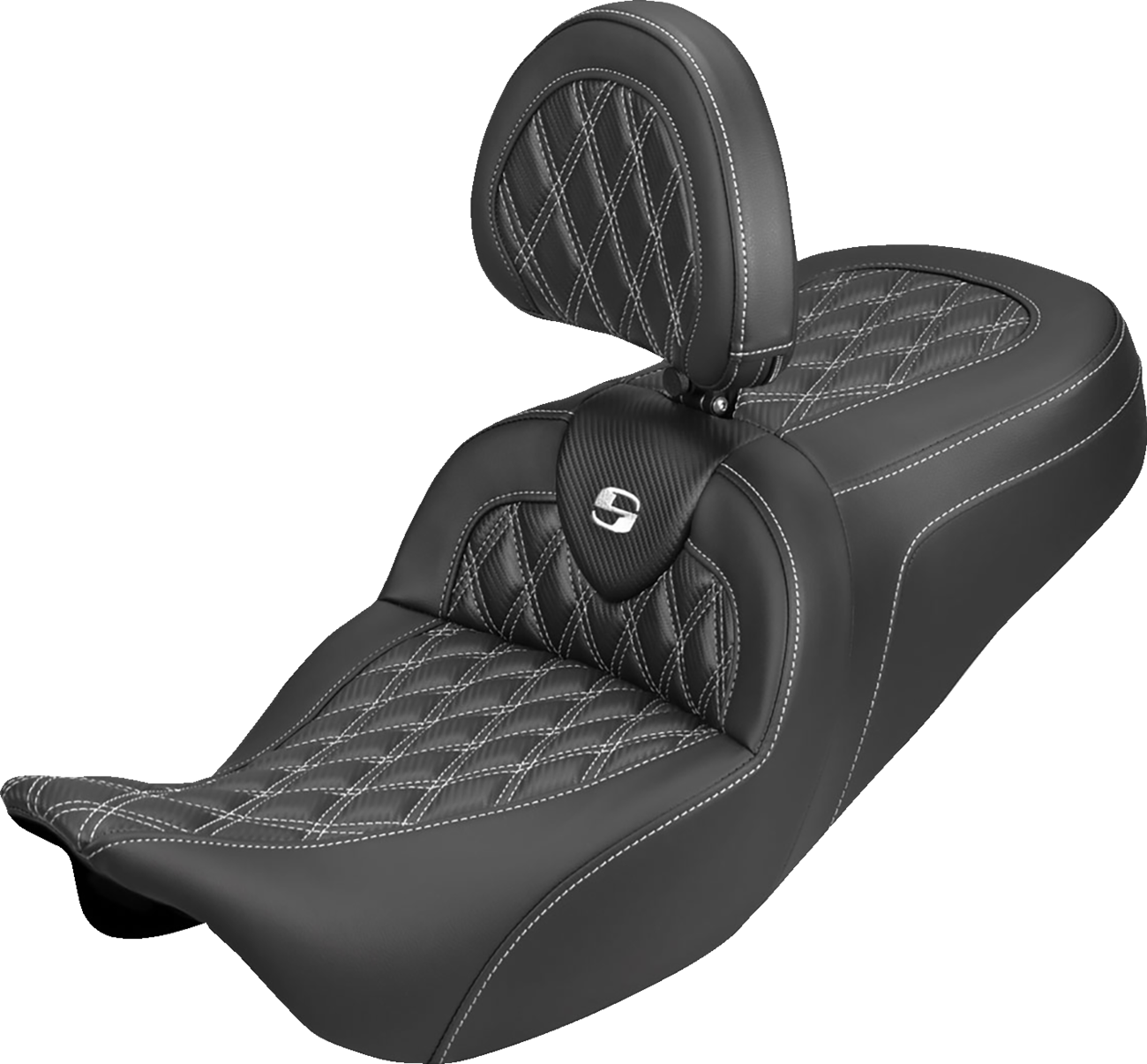 Roadsofa™ Carbon Fiber Seat - Lattice - White Stitch - With Backrest - FLH/FLT '08-'25