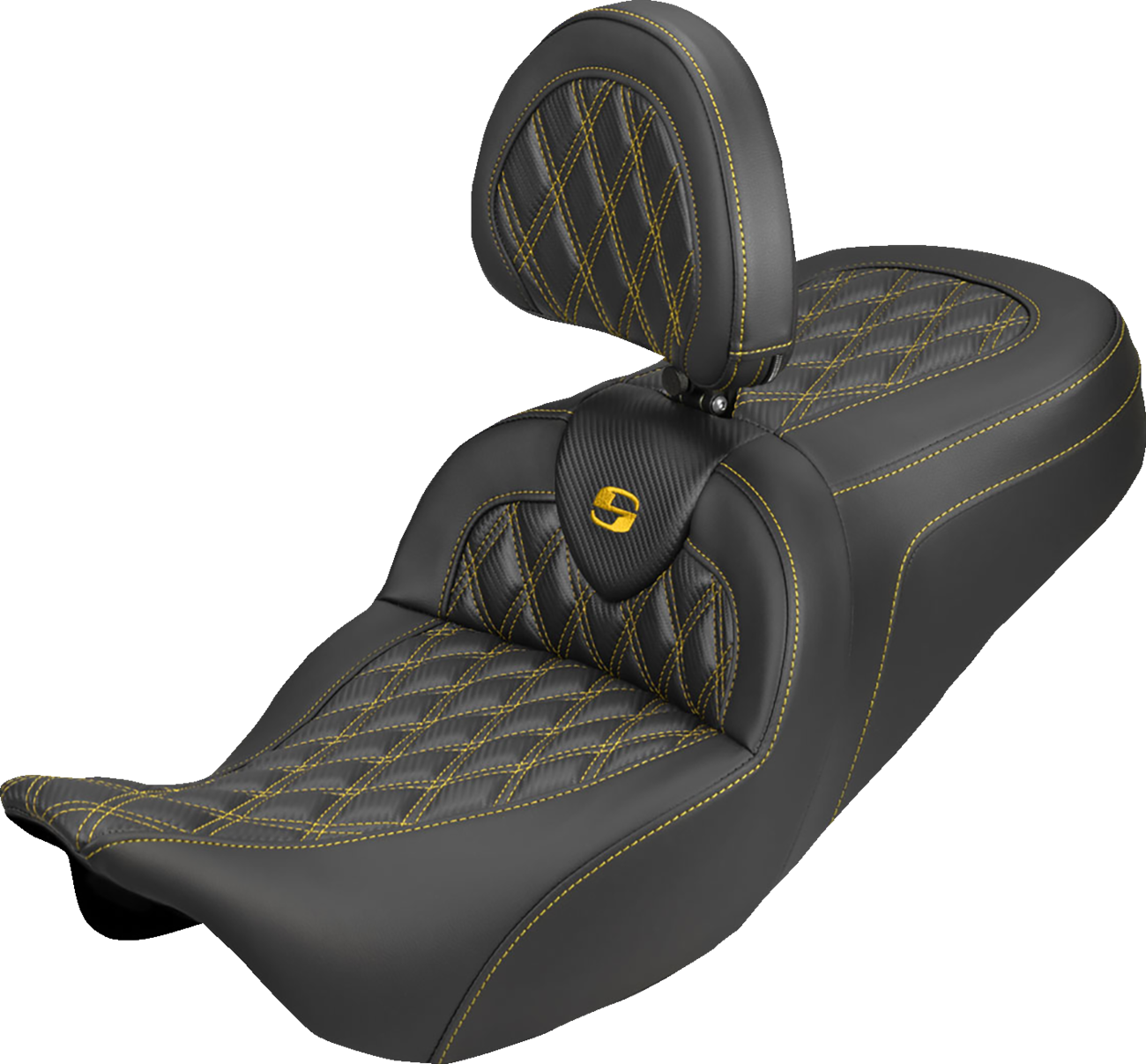 Roadsofa™ Carbon Fiber Seat - Lattice - Gold Stitch - With Backrest - FLH/FLT '08-'25